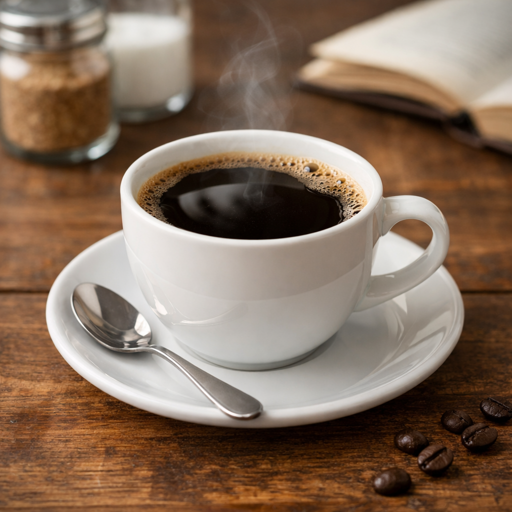 Steaming cup of black coffee in white cup and saucer with spoon on wooden table, open book and sugar jars in background
